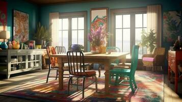 Generative AI, Boho-Chic Dining Room A Colorful and Eclectic Space photo