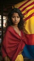 A beautiful girl is holding the flag of Colombia. photo