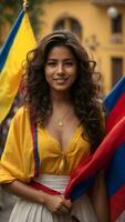 A beautiful girl is holding the flag of Colombia. photo