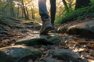 Close up a person's feet walking on rocks, Walking on a trail in the woods, Travel Concept. AI Generative photo