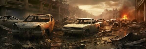cars World collapse, doomsday scene, digital painting, digital illustration. AI Generative photo