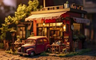 A charming and cozy coffee shop Set beside a busy highway with Warm and golden sunset light, and a Picturesque sunset view with vibrant colors. AI Generative photo