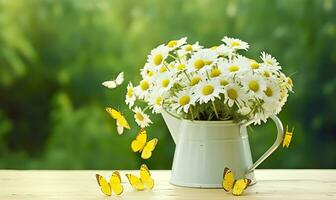 Chamomile flowers bouquet in watering can and butterfly on the table in the garden. Generative AI photo