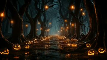 Jack-o'-Lanterns in a Spooky Forest, Generative AI photo