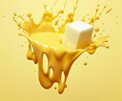 Cheese sauce splashing in the air with cheddar cheese, 3d rendering. Generative AI photo