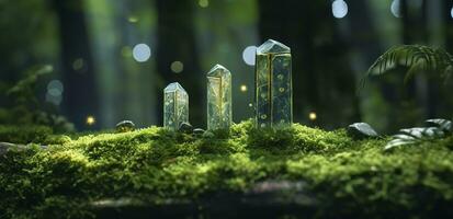 cristales con Luna etapas imagen de musgo en un misterioso bosque, natural antecedentes. generativo ai foto