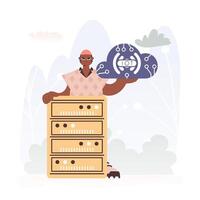 Man Grasping the IoT Symbol In the midst of a Organize of Servers, Symbolizing the Interconnectivity and Mechanical Progressions of Advanced Times. vector