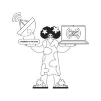 Woman with laptop and antenna using IoT data, in linear vector style