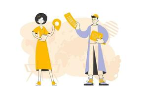 Travel agency. The guy and the girl sell vouchers. Trendy linear style. Vector illustration.