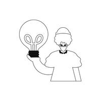 Man holds lightbulb. Ideas concept. Linear style, vector illustration.
