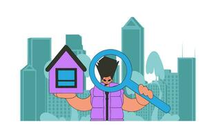 Concept Selling and owning a house. Guy realtor holding a house in his hands. vector