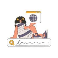 The girl sits on the search line and holds a web browser in her hands. Search for information. Linear retro style character. vector