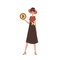 un mujer sostiene un bitcoin en su manos. personaje en de moda estilo. vector