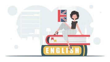 el concepto de aprendizaje inglés. un mujer se sienta en libros y sostiene un Inglés diccionario en su manos. plano moderno estilo. vector. vector