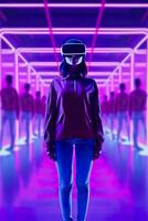 A young Asian woman is using a virtual reality headset. Neon light studio portrait. Concept of virtual reality, simulation, gaming, and future technology.  AI Generative photo