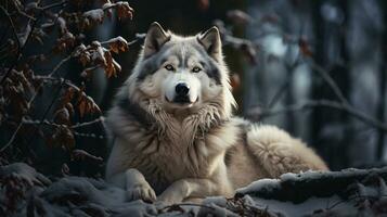 Majestic Alaskan Malamute in Snow-Covered Forest photo