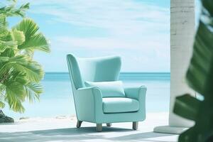 Photo of a modern light blue color armchair alone in the tropical background, AI Generative