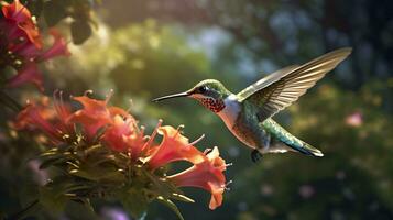 Hummingbird flying to pick up nectar from a beautiful flower. Digital artwork. AI Generative photo