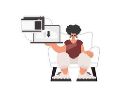 A man sitting on a chair holding a laptop vector