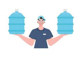 A man is holding a bottle of water. Delivery concept. The stylish character is depicted to the waist. Isolated. Vector. vector