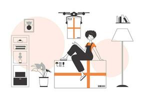 A woman delivers a package with a drone. Air delivery concept. Linear modern style. vector
