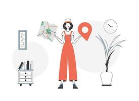 The woman is holding a map. Delivery concept. Linear modern style. vector