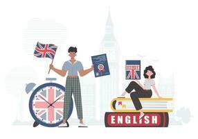 The concept of learning English. Man and woman English teacher. Trendy flat style. Vector illustration.