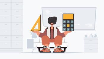 The fellow is holding a ruler and a calculator, learning subject. Trendy style, Illustration vector