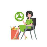 A woman sits next to a package of healthy food and redirects the EKO icon. Isolated on white background. Trend style, vector illustration.