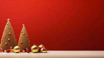 Festive Christmas Decorations and Tree. Minimalist Red Background, Joyful Holiday Atmosphere photo