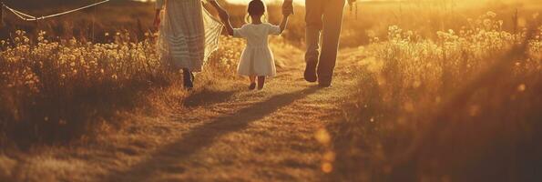 contento familia madre padre y hija caminar en naturaleza en puesta de sol sostener mano. ai generativo foto