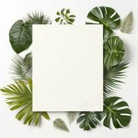 Frame with leaves.  Summer tropical leaves and blank frame with copy space on white background. Generative AI photo