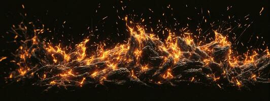 Detail of fire sparks isolated on black background. AI generated photo