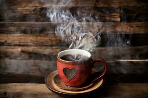 Traditional Coffee Cup With Heart-Shaped Steam On Rustic Wood. AI generated photo