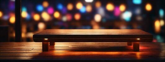 Wooden table, blurred bokeh background background. Neon light, night view, close-up. The general background of the interior, a dark background.. AI generated photo