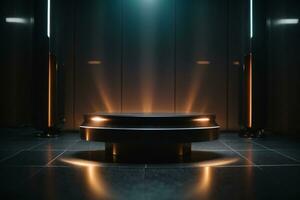 Futuristic dark podium with light and reflection background. AI generated photo