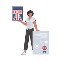 A man holds an English dictionary and a certificate in his hands. The concept of learning English. Isolated. Trendy flat style. . vector