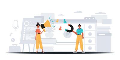 Two people are standing next to each other with a megaphone vector