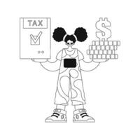 Girl holds a tax return and a pile of coins in her hands. Vector image.