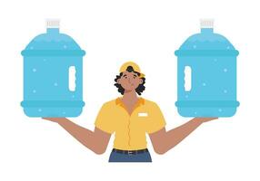 A man is holding a bottle of water. Delivery concept. The trendy character is shown to the waist. Isolated. Vector. vector