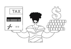 Guy holds a tax return and stack of coins. Linear illustration in vector style.