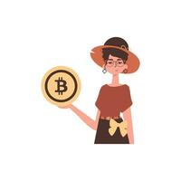 el niña es participación bitcoin en su manos. personaje con un moderno estilo. vector