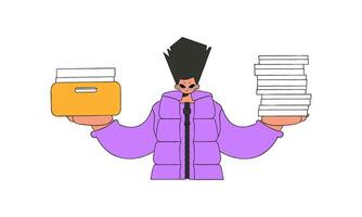 A neat guy holds stacks of documents in his hands. vector