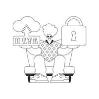 A man sitting on a chair holding a computer and a lock vector