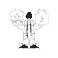 Guy with a cloud storage logo for the Internet of Things, drawn in linear vector style