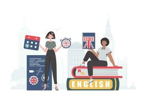 el concepto de aprendizaje inglés. mujer y hombre Inglés maestros de moda estilo. ilustración en vector. vector