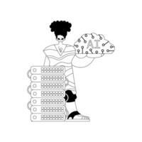 AI guy and server in linear style, themed around Artificial Intelligence vector