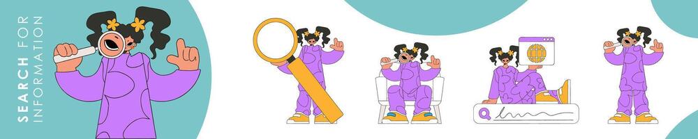 Set of character illustration for information search theme. Collection of scenes with a woman holding a magnifying glass and looking for information. Linear retro style character. vector