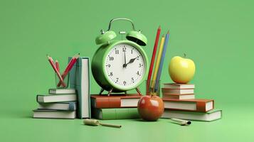 popular Arte ilustración de colegio accesorios con manzanas, libros, y un alarma reloj en el colegio antecedentes. espalda a colegio concepto. 3d representación, ai generativo foto