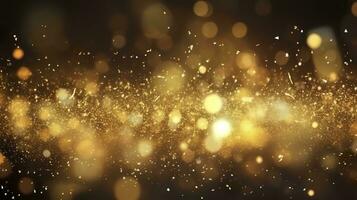 Abstract luxury gold background with gold particles. glitter vintage lights background. Christmas Golden light shine particles bokeh on dark background. Gold foil texture. Holiday.  AI Generative photo